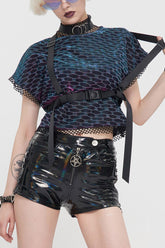 T-shirt pour femme à manches courtes, col rond, sangle réglable, tissu en maille punk multicolore